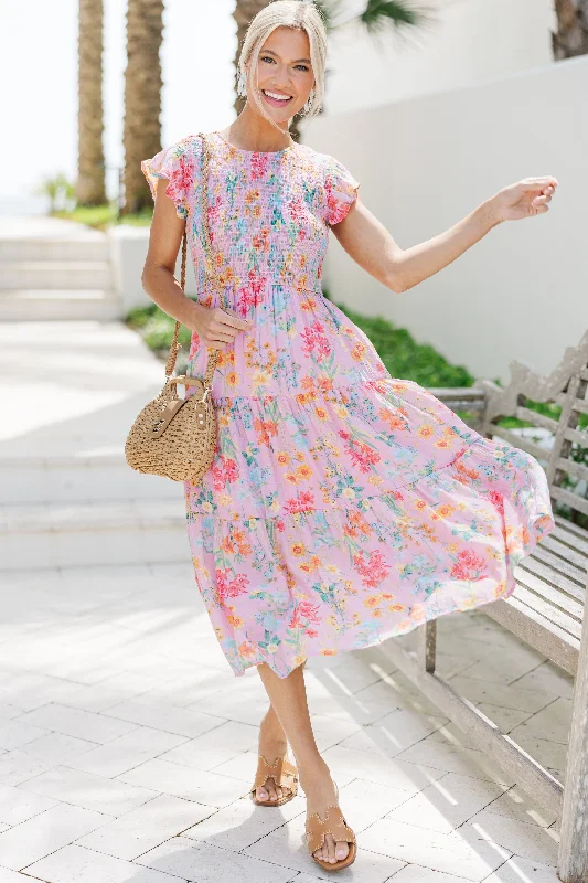 Keep You Close Peach Pink Floral Midi Dress