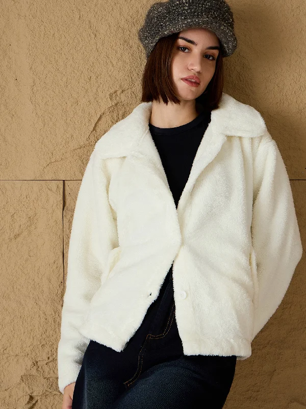 Women Off White Fur Flap Pockets Jacket