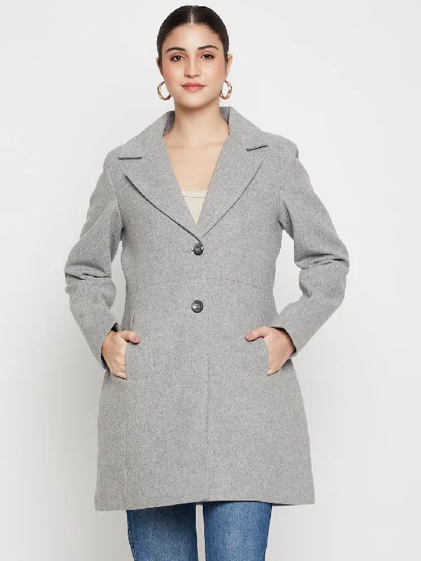 Women's Casual  Grey Single breasted  Notched Lapel Collar Long Coat