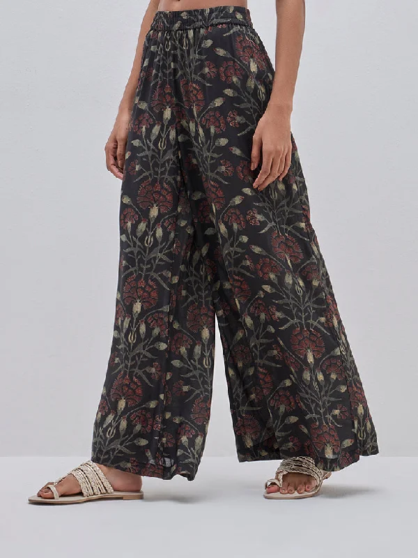 Zuba Black Botanical Printed High-Rise Cotton Palazzos