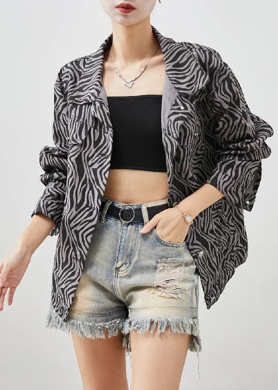 Boutique Black Oversized Zebra Pattern Denim Coat Fall