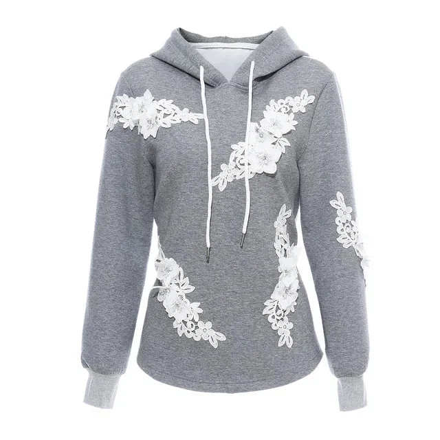 Fashion Women's Hoodies Hooded Contract Color Lace Patchwork Long Sleeves Gray Sweatshirt Autumn