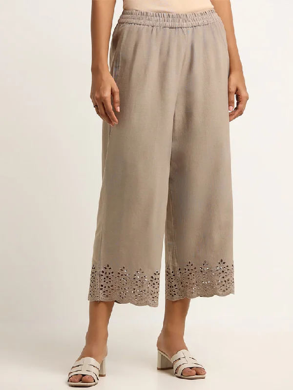 Utsa Taupe Crochet Detailed Blended Linen Palazzos