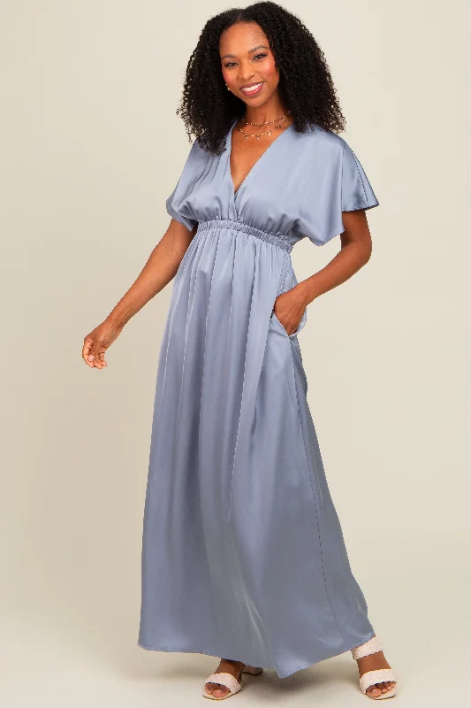 Blue Satin V-Neck Flutter Short Sleeve Maxi Dress