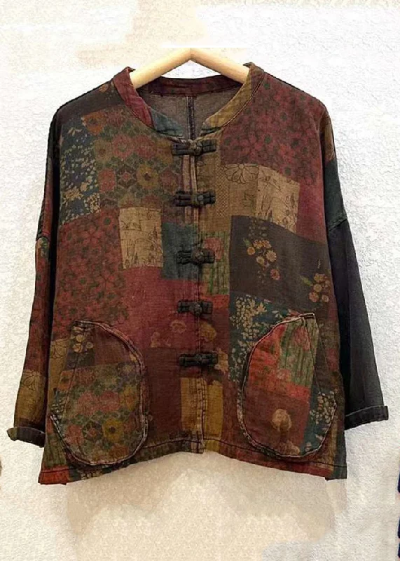 Vintage Print Button Patchwork Cotton Coat Long Sleeve