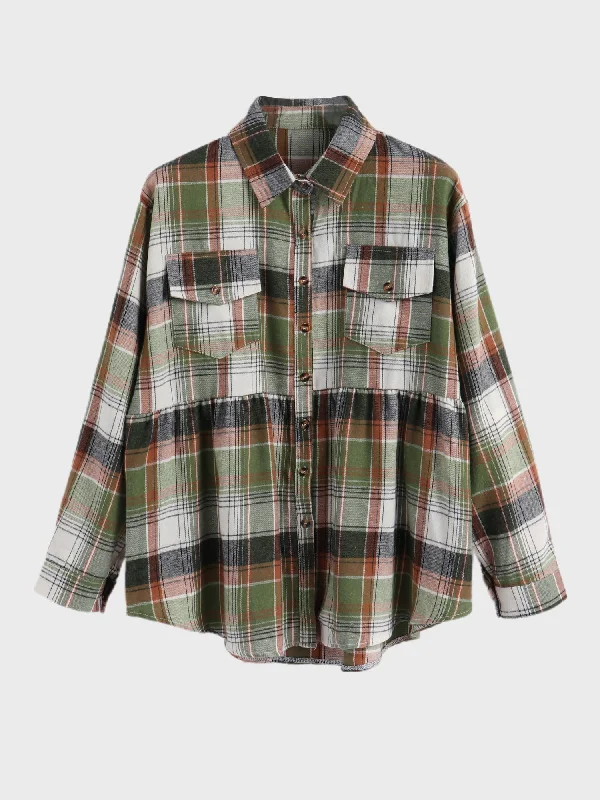 Midsize Lapel Long Sleeve Plaid Shirt with Pocket