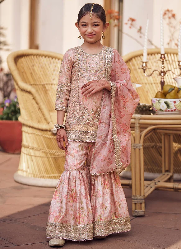 Kids Blush Peach Floral Embroidered Gharara Suit