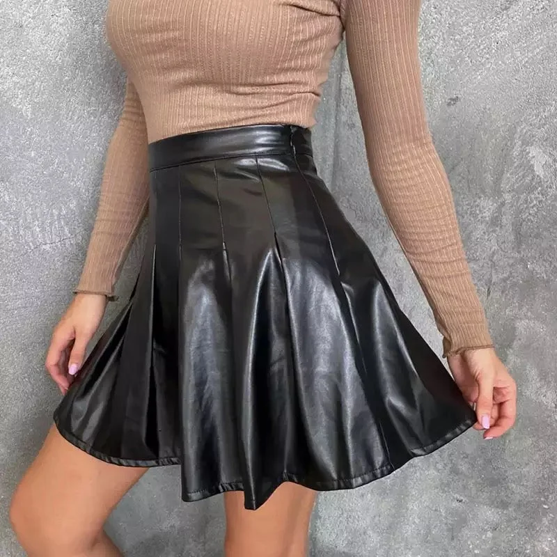 PU Pleated Short Mine Skirt