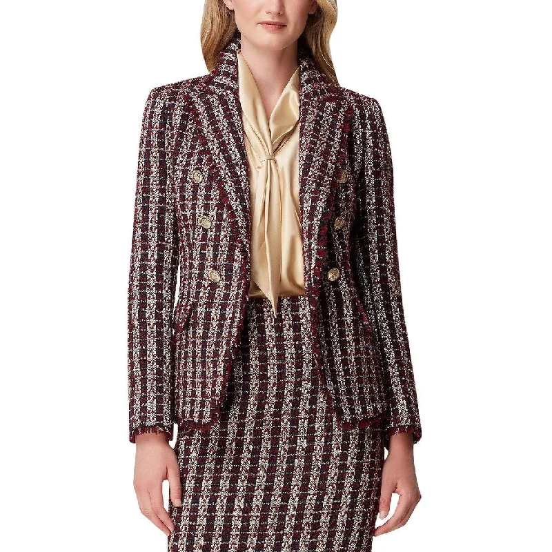 Tahari ASL Women's Tweed Fringe-Trim Double-Breasted Blazer Red Size 8