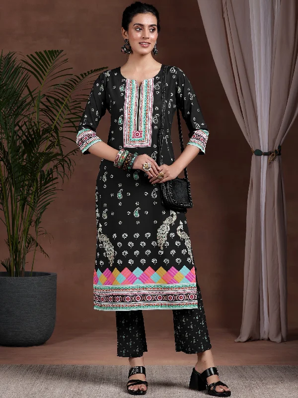 Black Printed Poly Crepe Straight Kurta Set