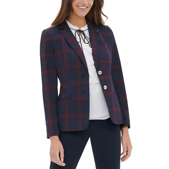 Tommy Hilfiger Women's Elbow-Patch Plaid Blazer Blue Size 12