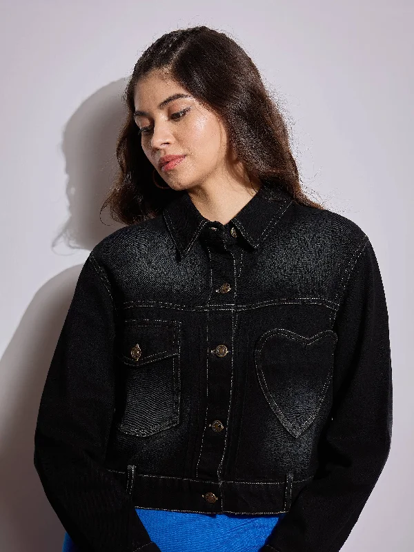 Women Black Denim Heart Pockets Crop Jacket