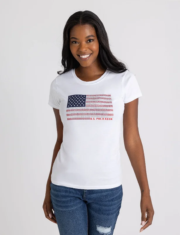 RHINESTONE FLAG SEMI SCOOP JERSEY T-SHIRT