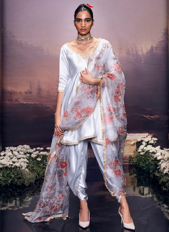 Light Grey Embroidered Satin Punjabi Suit