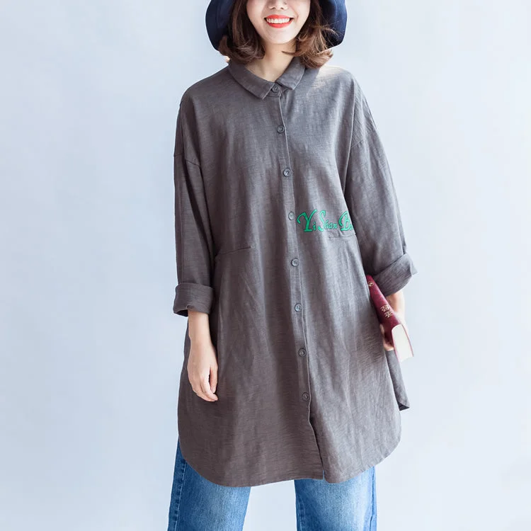 gray autumn back print cotton shirts oversize front embroidery alphabet lapel blouse