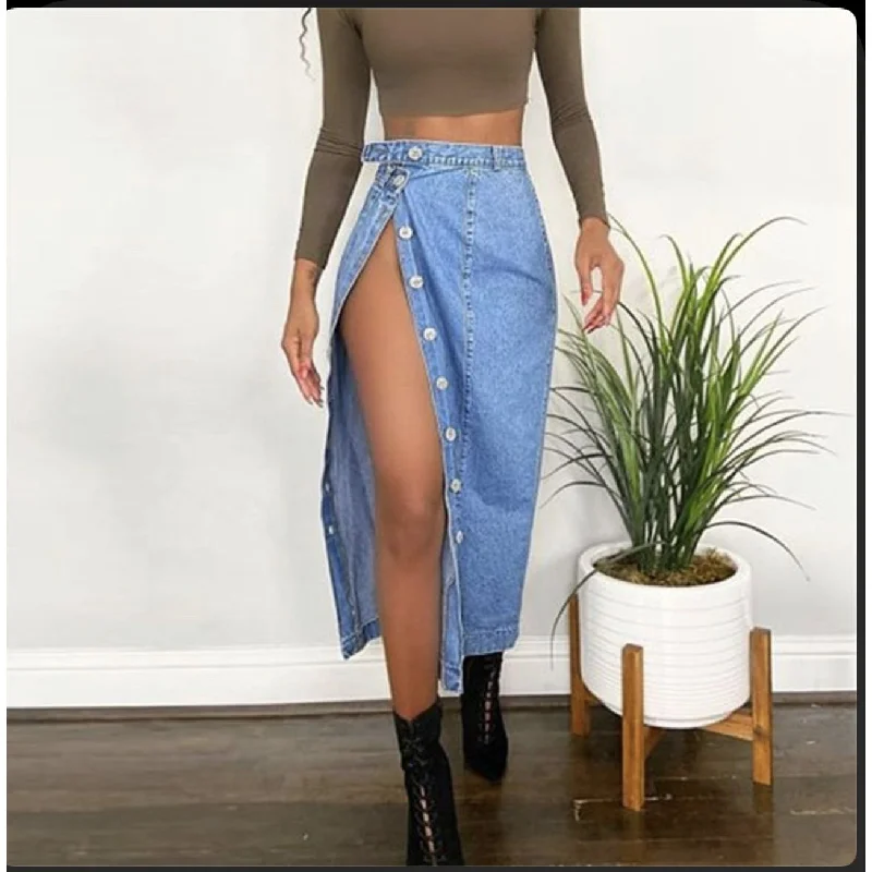 Single Button Split Denim Skirt