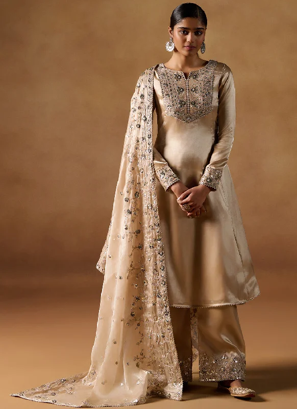 Beige Embroidered Tissue Palazzo Suit