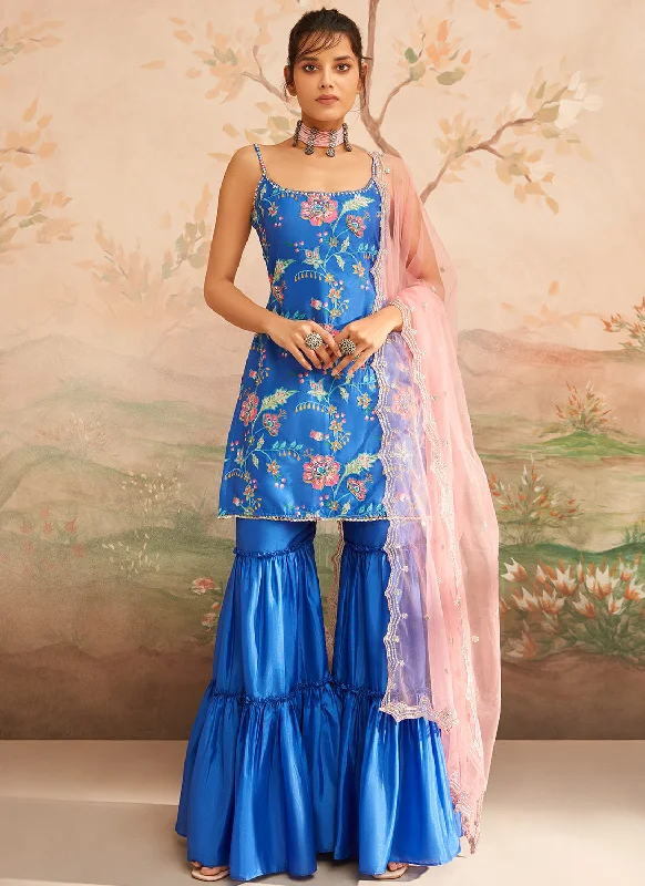 Blue and Pink Floral Printed Sharara Suit