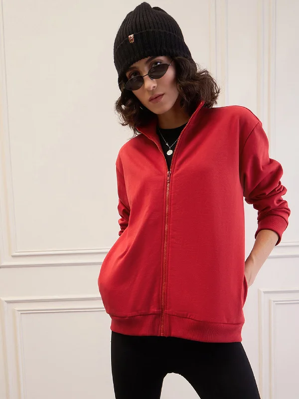 Women Red Fleece Front Zipper Jacket