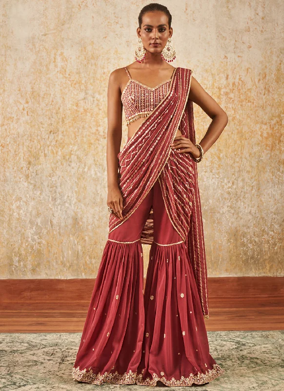 Dusty Wine Embroidered Gharara Style Saree