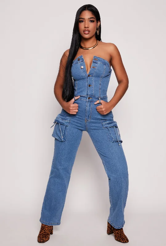 Daisy Denim Cargo Strapless Jumpsuit