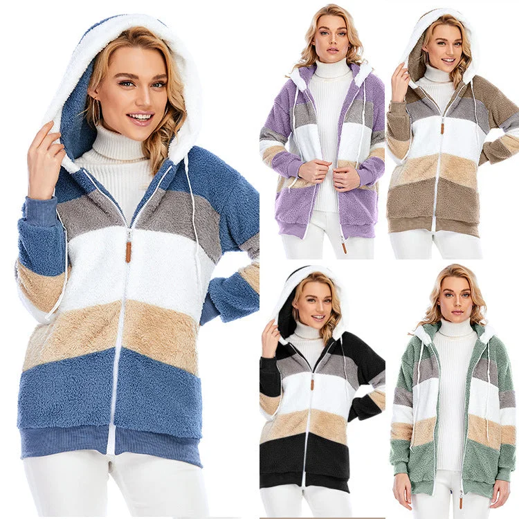 Women's New Autumn And Winter Loose Plush Multicolor Hooded Jacket