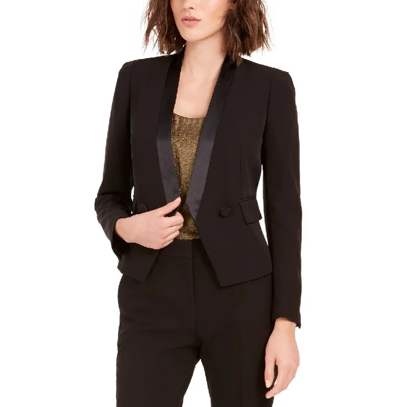 Bar III Women's Tuxedo Satin Trim Open Front Double Breasted Blazer Black Size 8