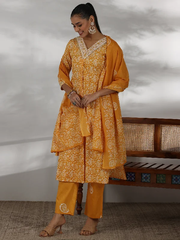 Mustard Printed Cotton Straight Suit With Dupatta