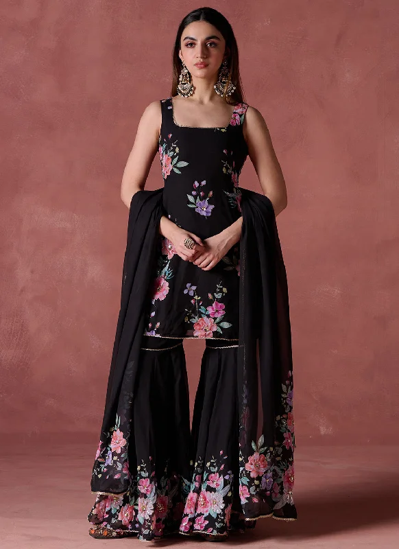 Black Floral Printed Georgette Gharara Suit