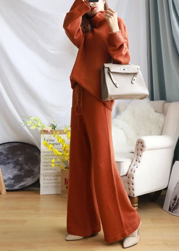 Stylish Caramel Turtle Neck Wool Knit Sweater And Wide Leg Pant Two Pieces Set Spring