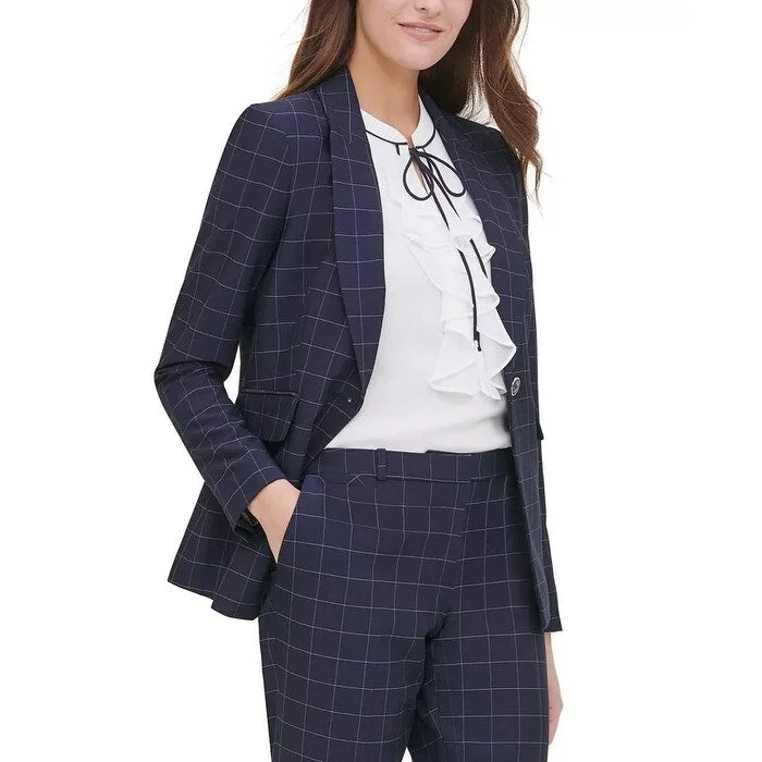 Tommy Hilfiger Women's Windowpane Print Single Button Blazer Blue Size 2