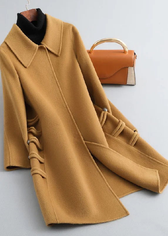 Simple Camel Square Collar Button Woolen Maxi Coat Spring