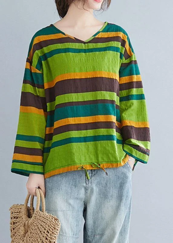 Handmade green striped cotton shirts baggy tunic spring shirts