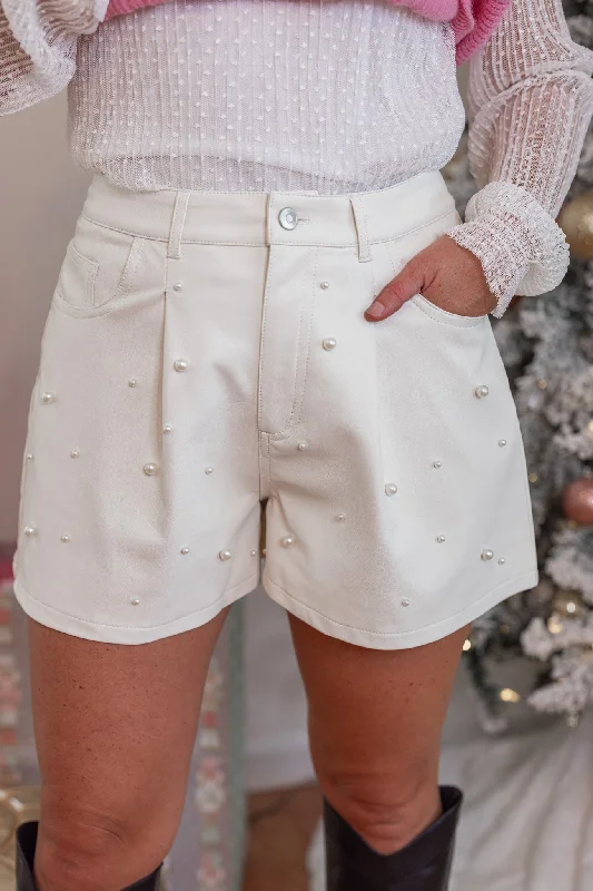 Leather And Pearls Cream Shorts