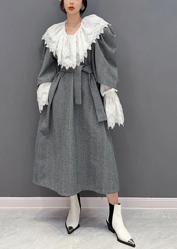 Boho Grey Oversized Woolen Cinch Dress Two Pieces Set Spring