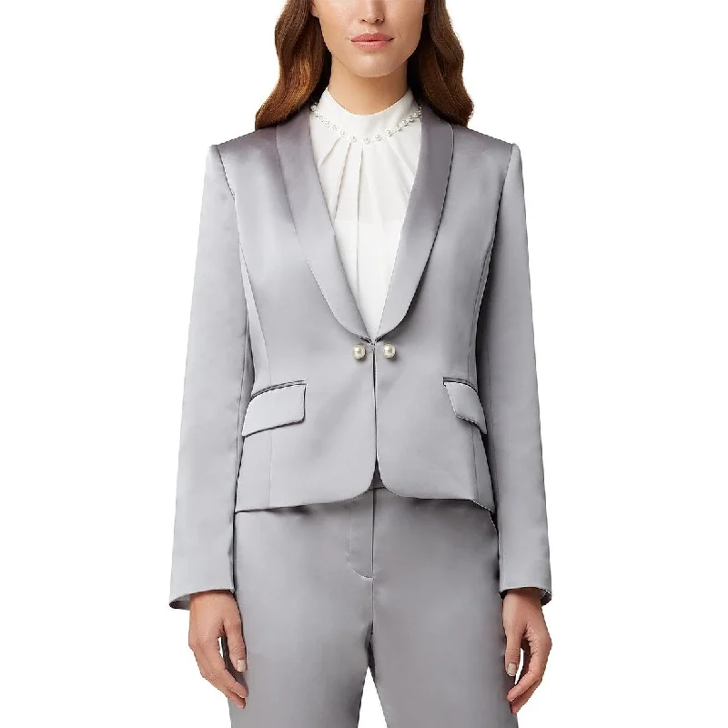 Tahari ASL Women's Faux-Pearl-Button Blazer Gray Size 8 Petite - 8 Petite