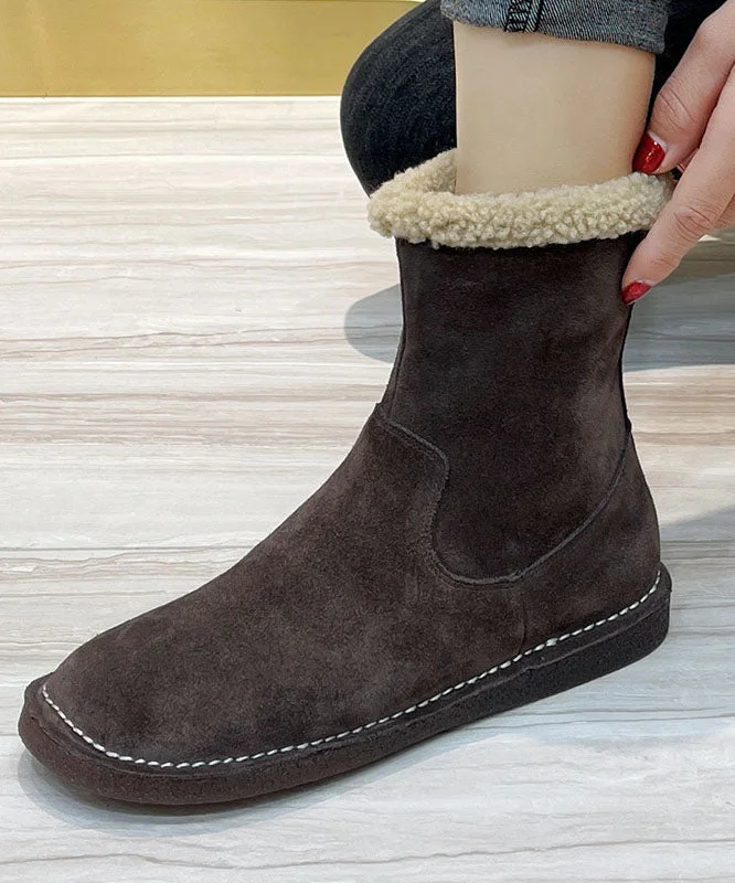 Chocolate Fuzzy Wool Lined Boots Cowhide Leather Fashion Zippered Boots