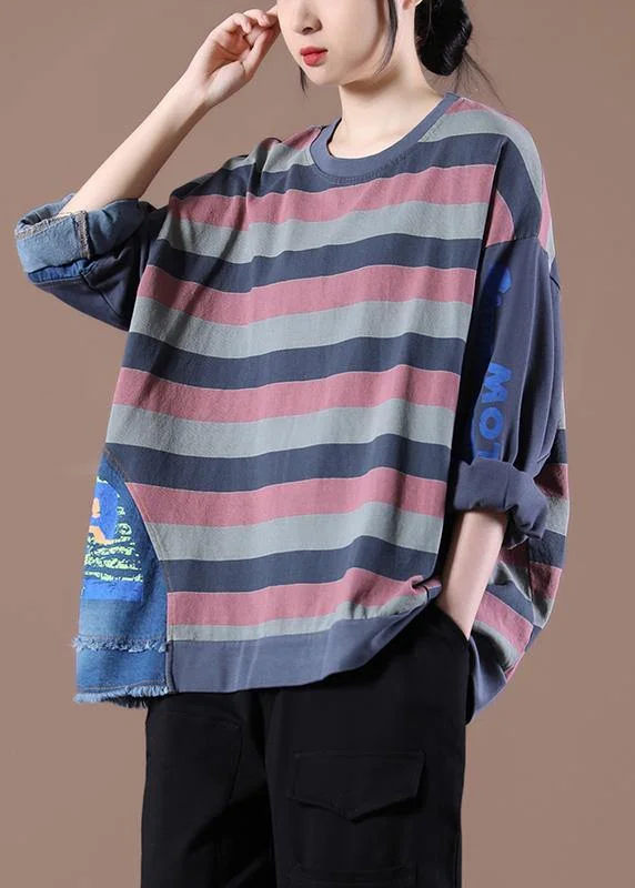 French O-Neck Spring Shirts Pattern Gray Striped Tops