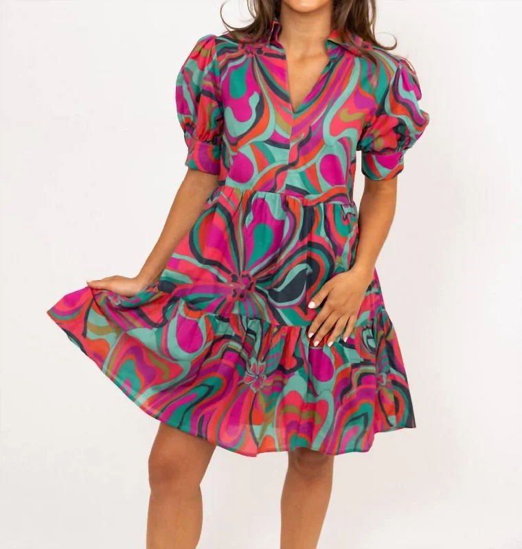 Multi Jewel Swirl Vneck Collar Dress In Magenta