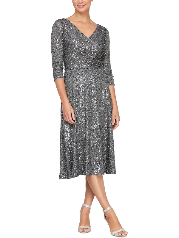 Petites Womens Mesh Embellished Cocktail and Party Dress