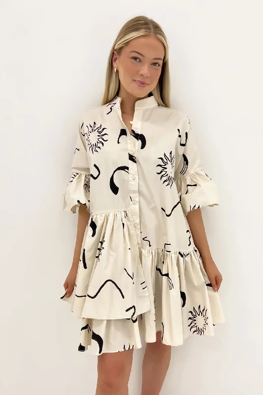 Talia Mini Dress Beige Black Swirl Sun