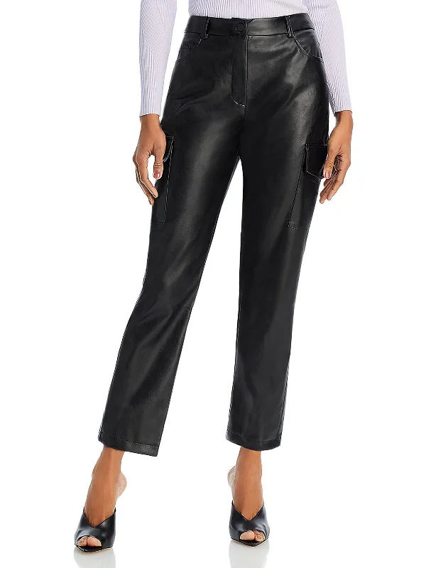 Womens Faux Leather High Rise Cargo Pants