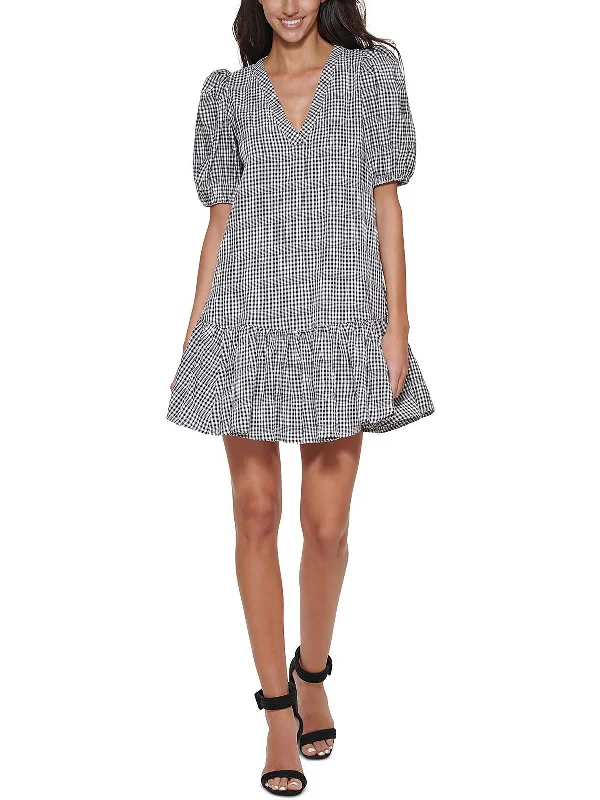 Womens Gingham Knee-Length Shift Dress