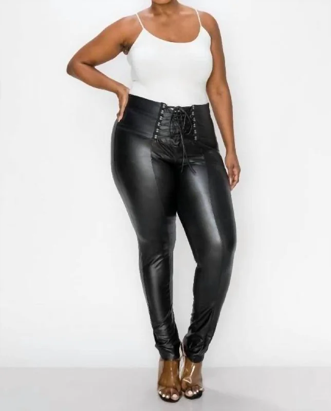 Faux Leather Tie Waist Leggings - Plus In Black